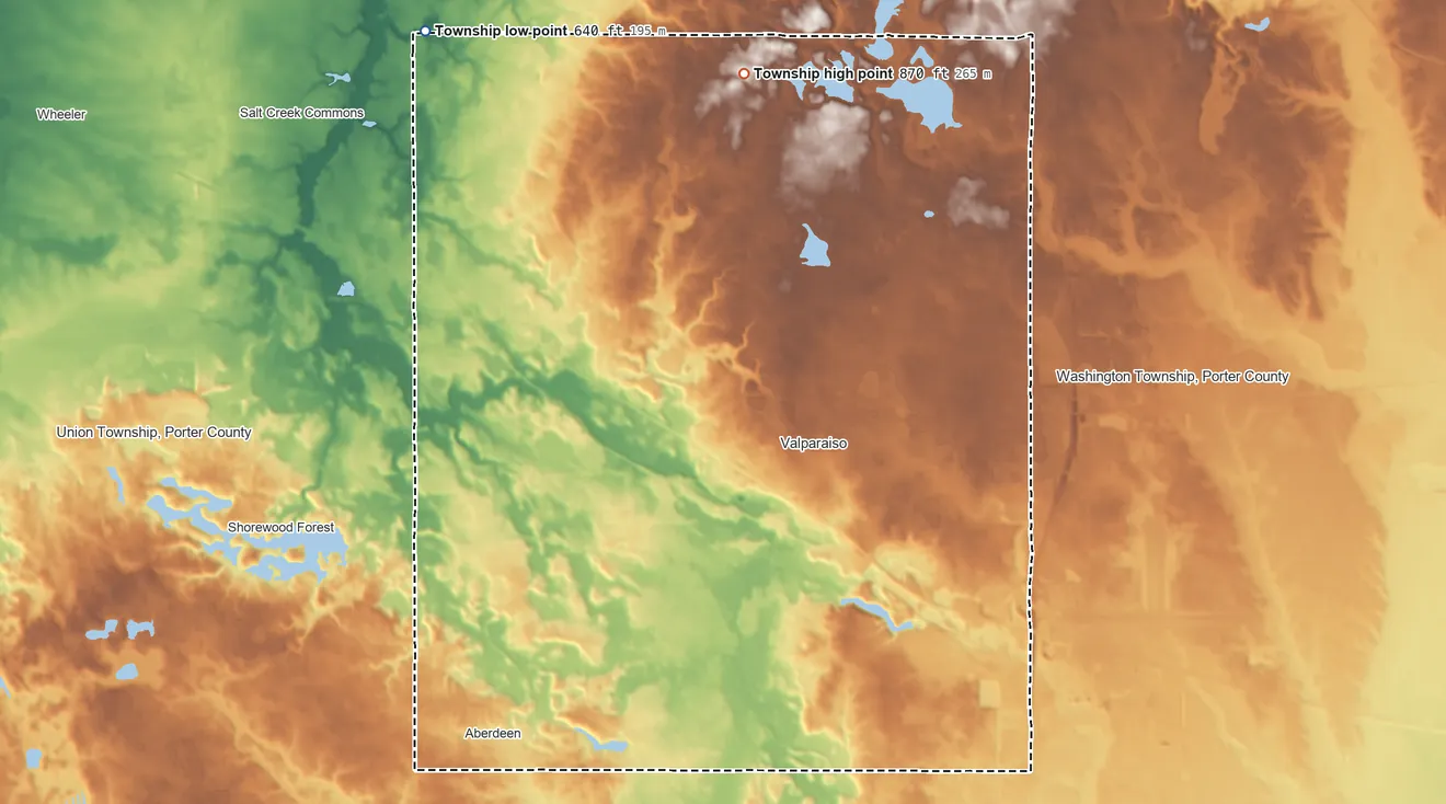 Topographic elevation map of Center Township, Porter County, Indiana, shaded from 640 ft on the northwest side to 870 ft on the north side