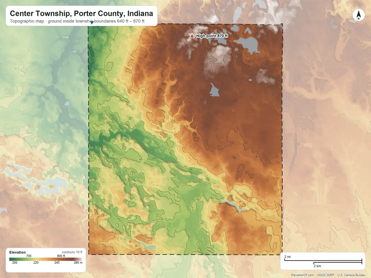 Topographic elevation map of Center Township, Porter County, Indiana, shaded from 640 ft on the northwest side to 870 ft on the north side
