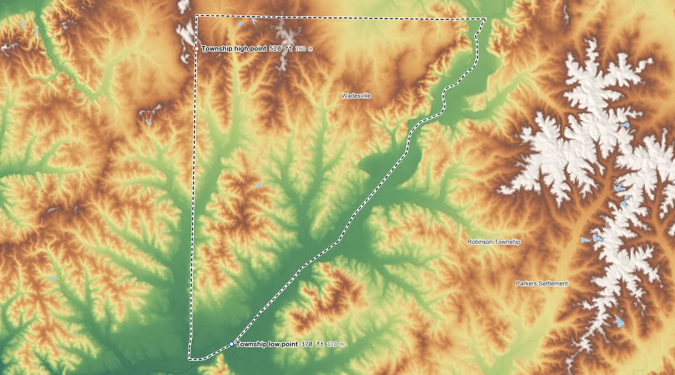 Topographic elevation map of Center Township, Posey County, Indiana, shaded from 370 ft on the southwest side to 520 ft on the northwest side