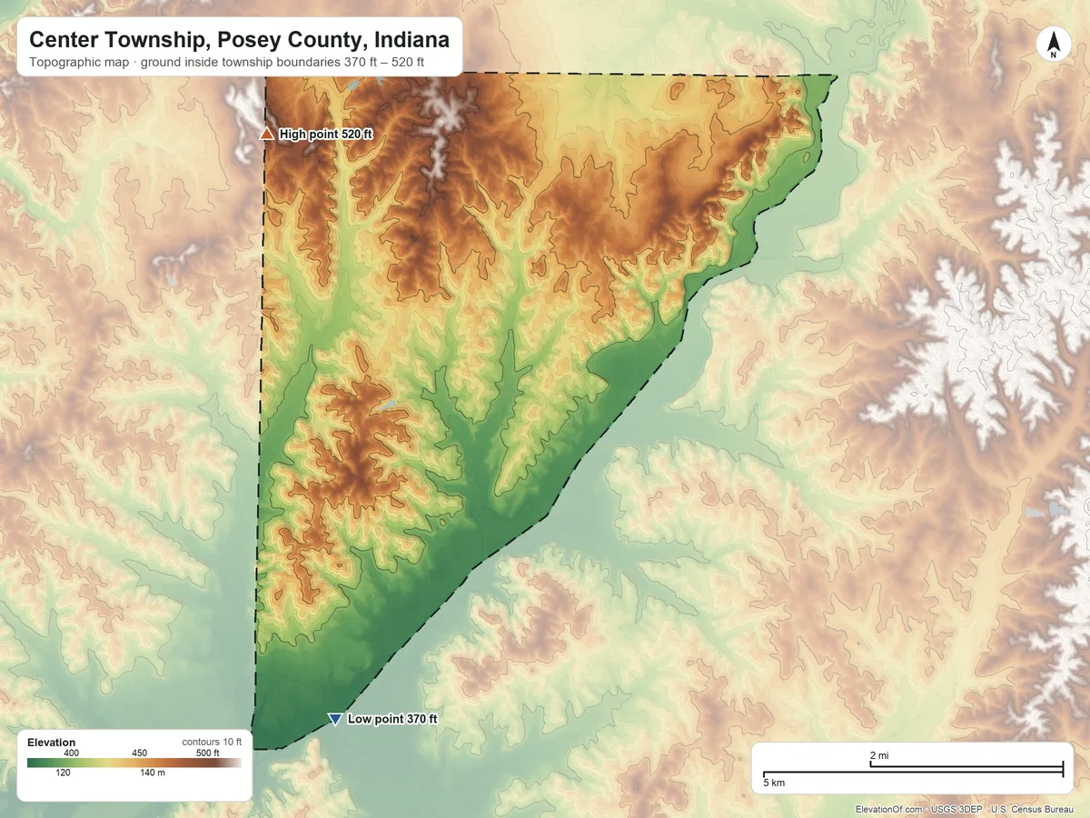 Topographic elevation map of Center Township, Posey County, Indiana, shaded from 370 ft on the southwest side to 520 ft on the northwest side