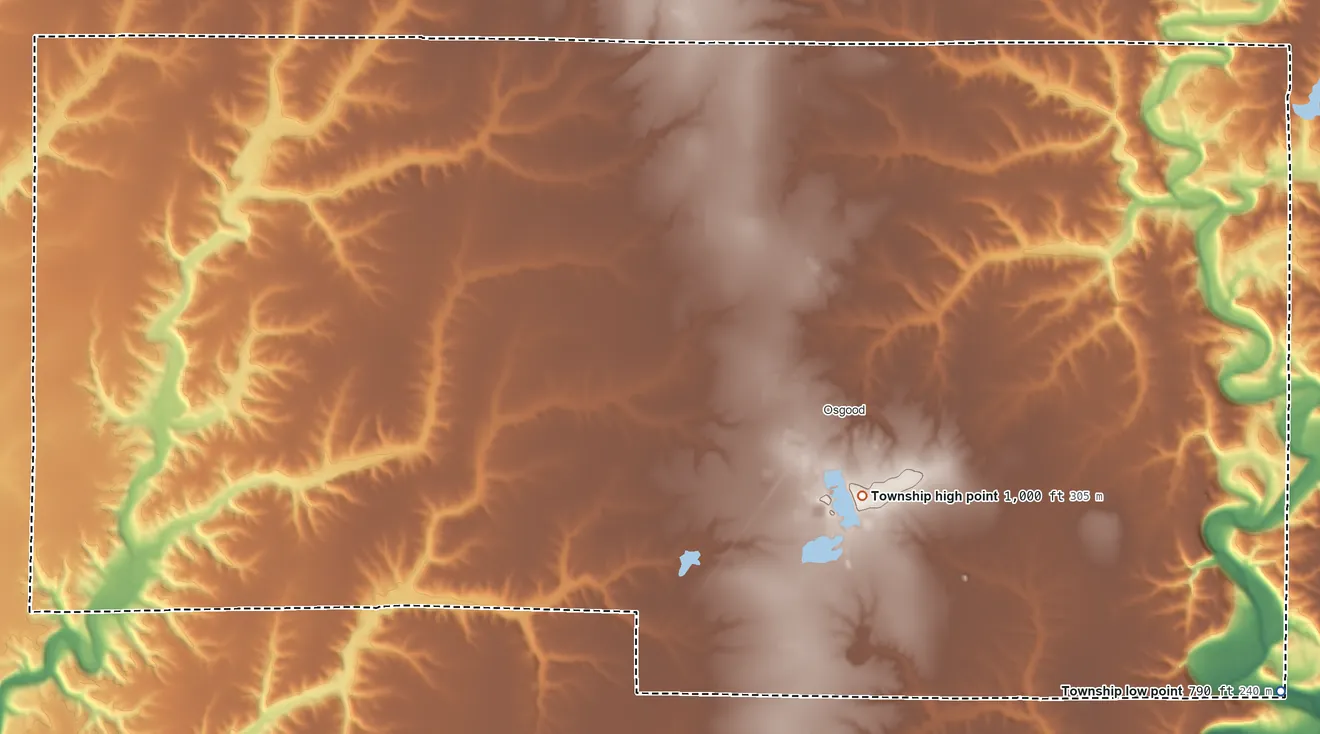 Topographic elevation map of Center Township, Ripley County, Indiana, shaded from 790 ft on the southeast side to 1,000 ft near the middle