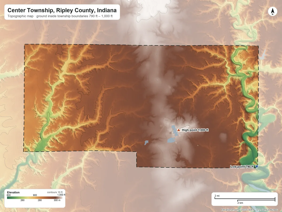 Topographic elevation map of Center Township, Ripley County, Indiana, shaded from 790 ft on the southeast side to 1,000 ft near the middle