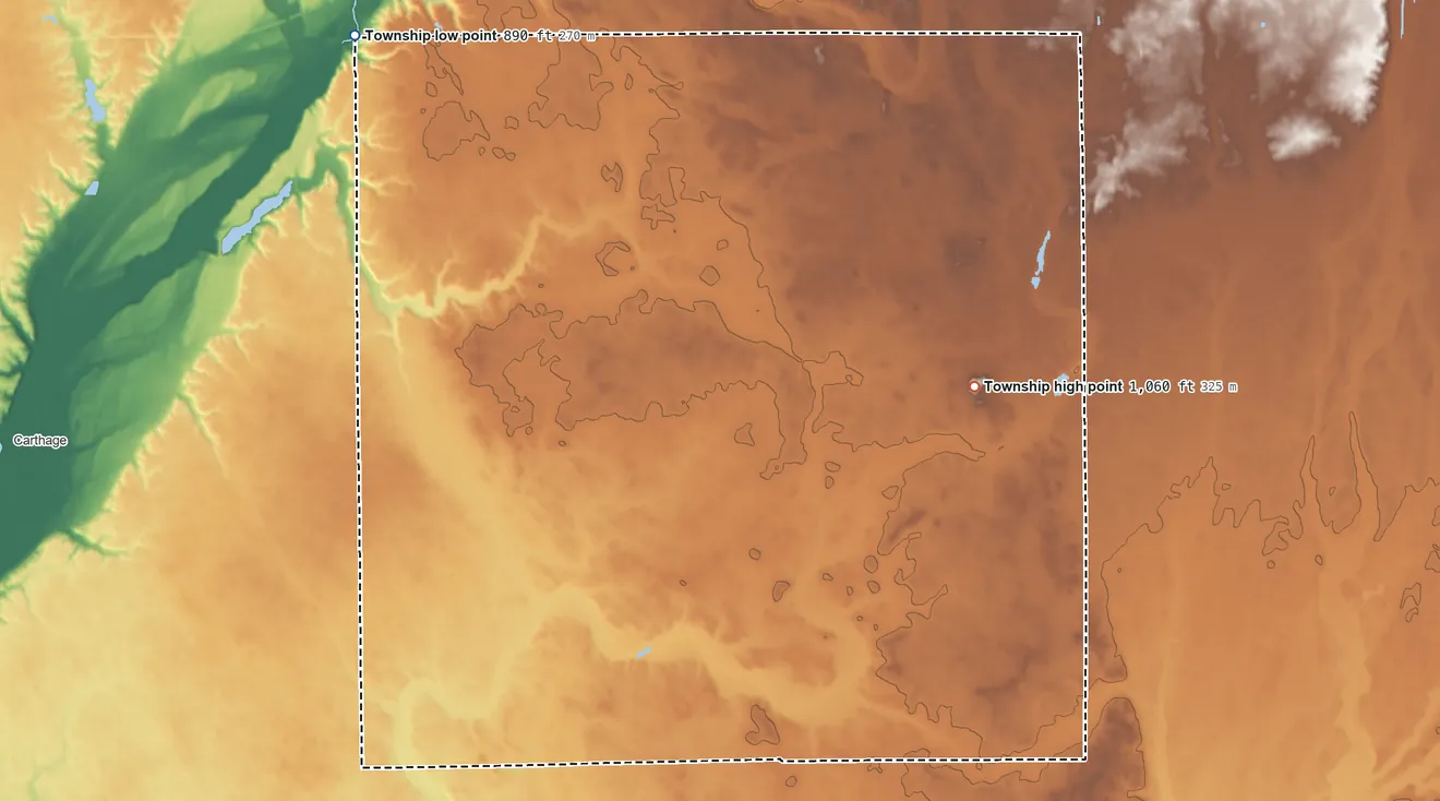 Topographic elevation map of Center Township, Rush County, Indiana, shaded from 890 ft on the northwest side to 1,060 ft on the east side