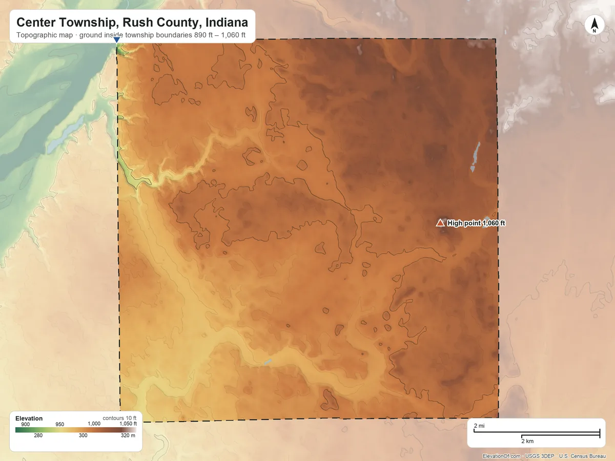 Topographic elevation map of Center Township, Rush County, Indiana, shaded from 890 ft on the northwest side to 1,060 ft on the east side