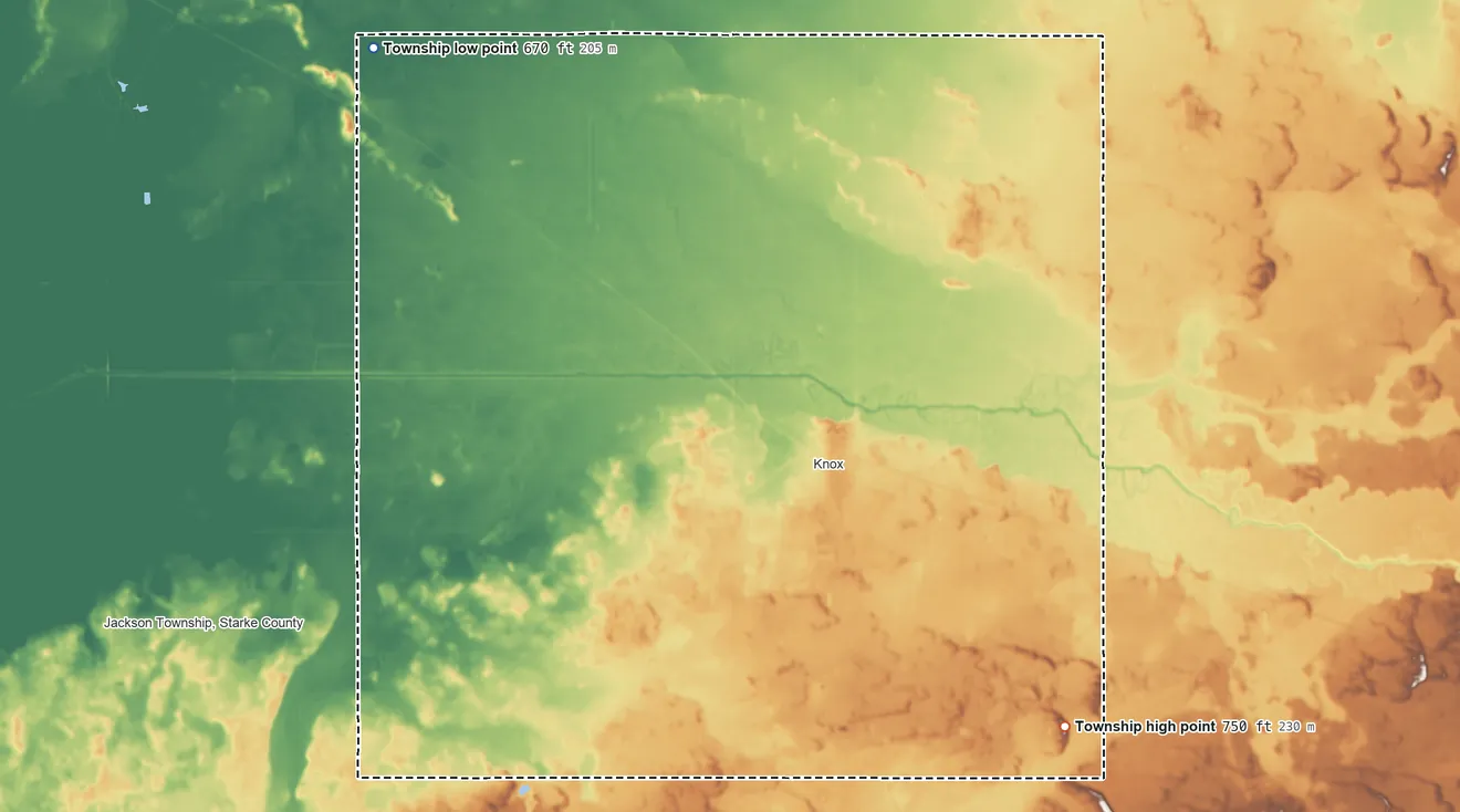 Topographic elevation map of Center Township, Starke County, Indiana, shaded from 670 ft on the northwest side to 750 ft on the southeast side