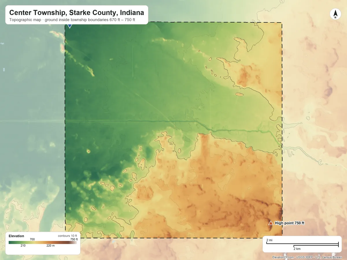 Topographic elevation map of Center Township, Starke County, Indiana, shaded from 670 ft on the northwest side to 750 ft on the southeast side