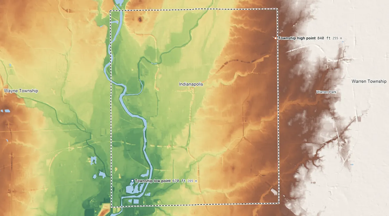 Topographic elevation map of Center Township, Indiana, shaded from 670 ft on the southwest side to 840 ft on the northeast side
