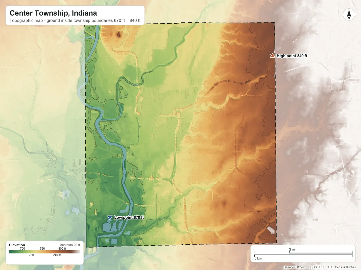 Topographic elevation map of Center Township, Indiana, shaded from 670 ft on the southwest side to 840 ft on the northeast side