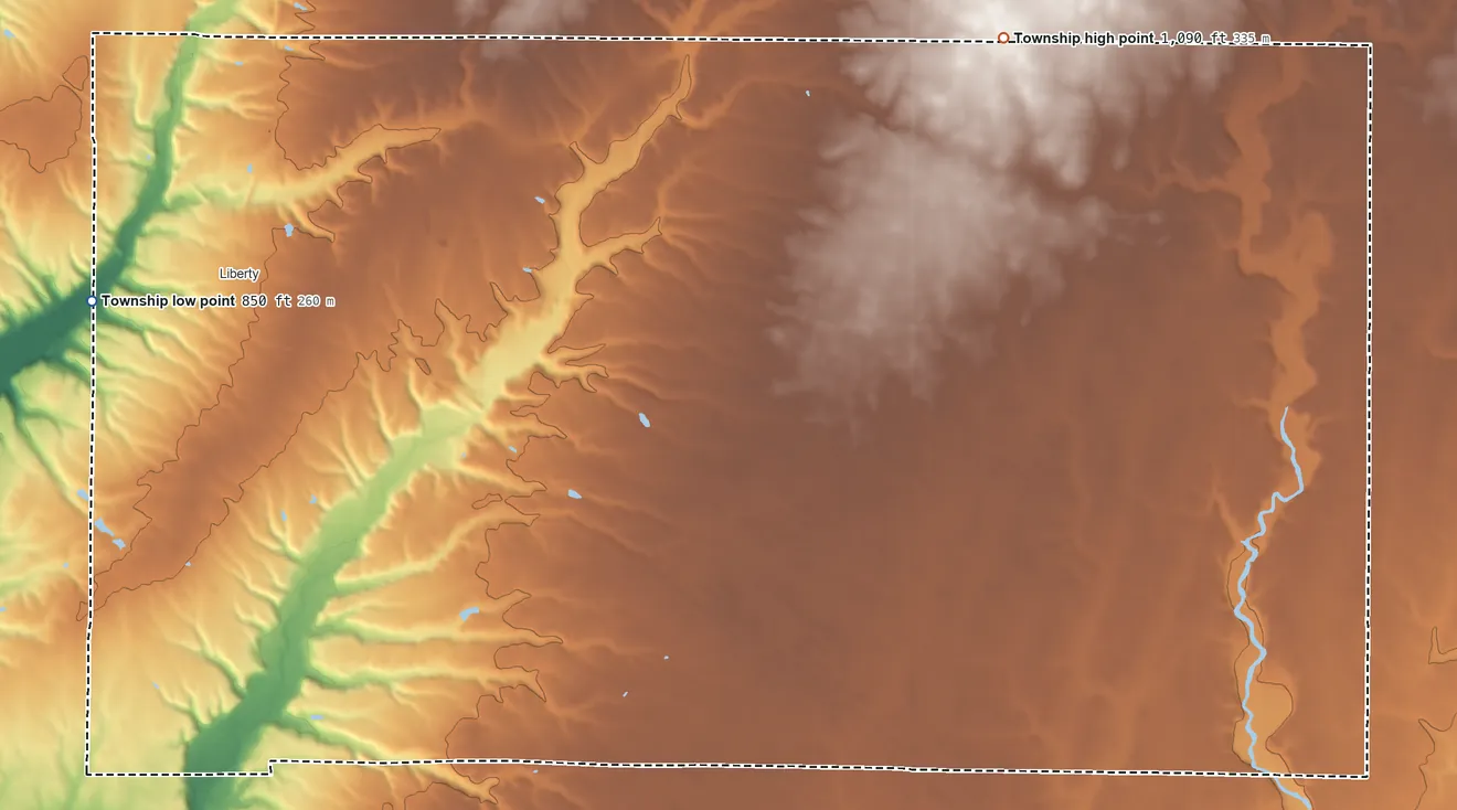Topographic elevation map of Center Township, Union County, Indiana, shaded from 850 ft on the west side to 1,090 ft on the northeast side