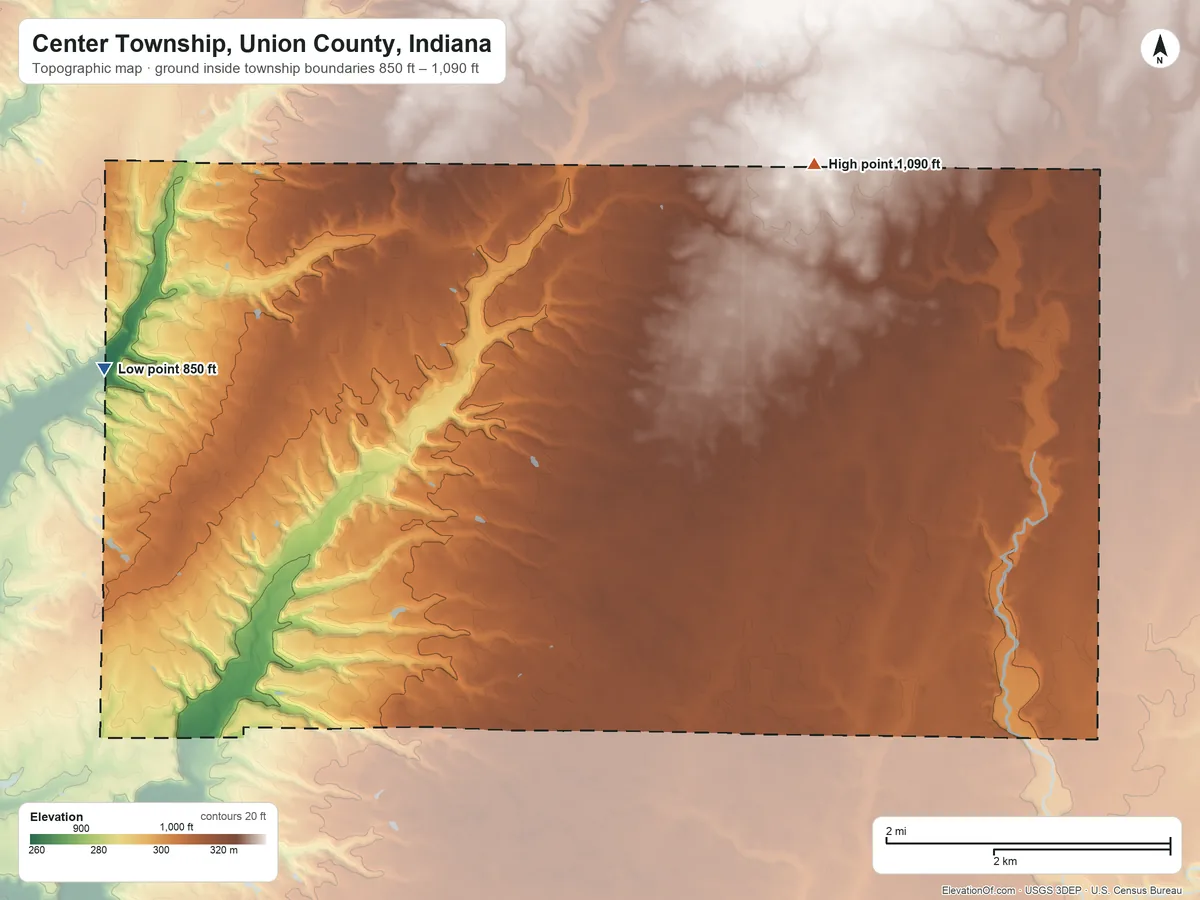 Topographic elevation map of Center Township, Union County, Indiana, shaded from 850 ft on the west side to 1,090 ft on the northeast side