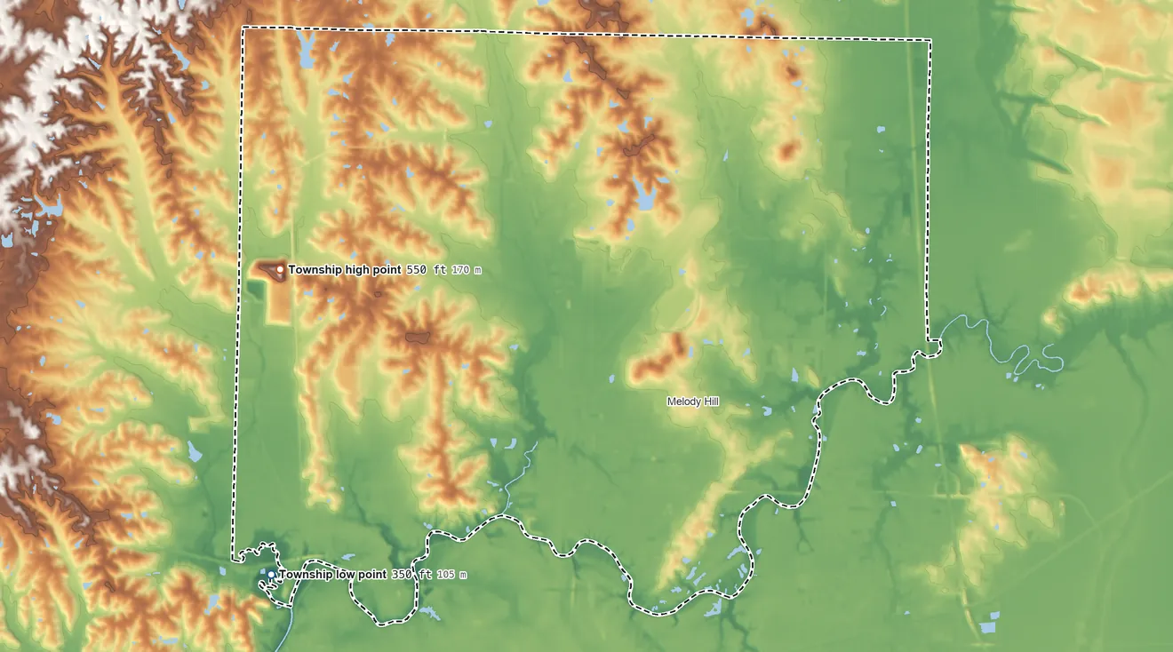 Topographic elevation map of Center Township, Vanderburgh County, Indiana, shaded from 350 ft on the southwest side to 550 ft on the west side