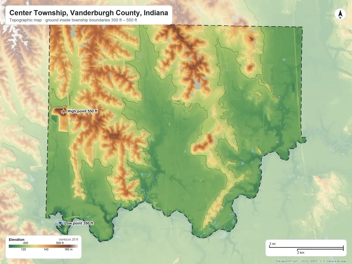 Topographic elevation map of Center Township, Vanderburgh County, Indiana, shaded from 350 ft on the southwest side to 550 ft on the west side