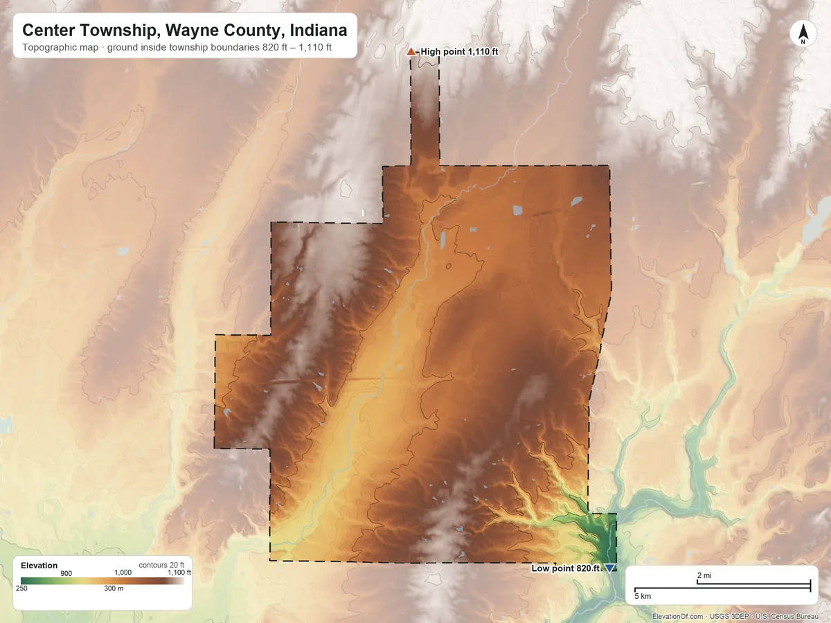 Topographic elevation map of Center Township, Wayne County, Indiana, shaded from 820 ft on the southeast side to 1,110 ft on the north side