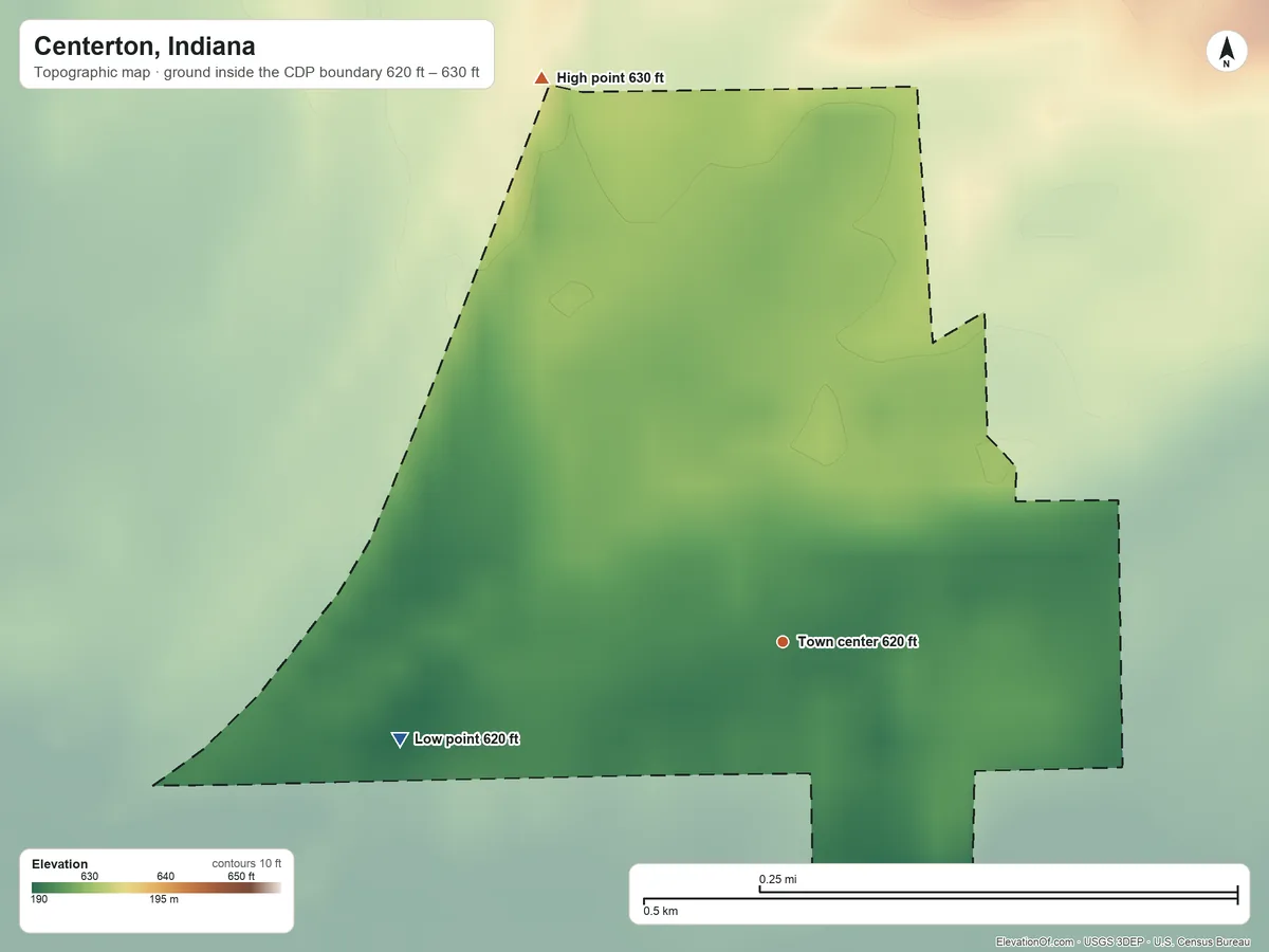 Topographic elevation map of Centerton, Indiana, shaded from 620 ft on the west side to 630 ft on the northwest side