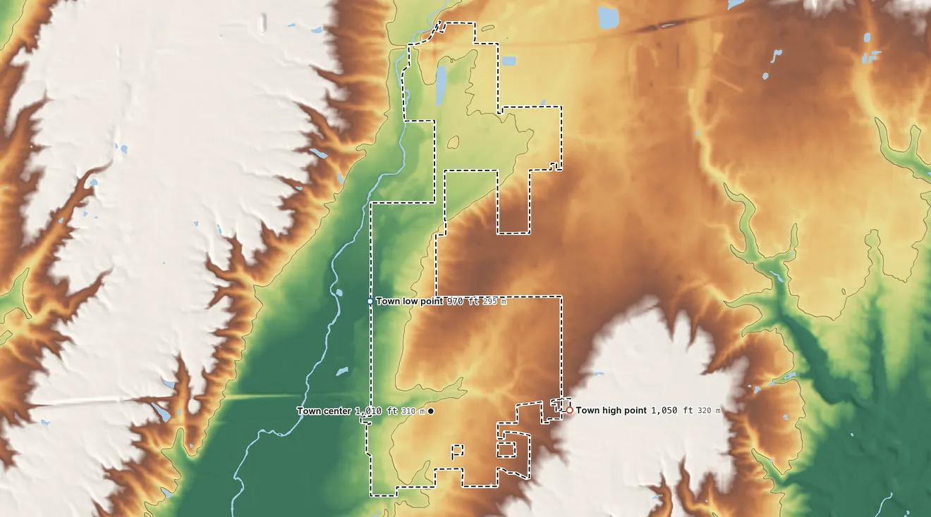 Topographic elevation map of Centerville, Indiana, shaded from 970 ft on the northwest side to 1,050 ft on the east side