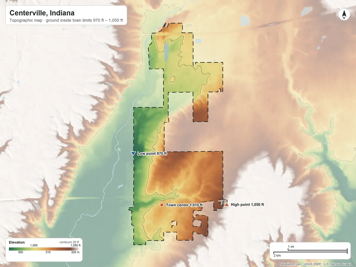 Topographic elevation map of Centerville, Indiana, shaded from 970 ft on the northwest side to 1,050 ft on the east side