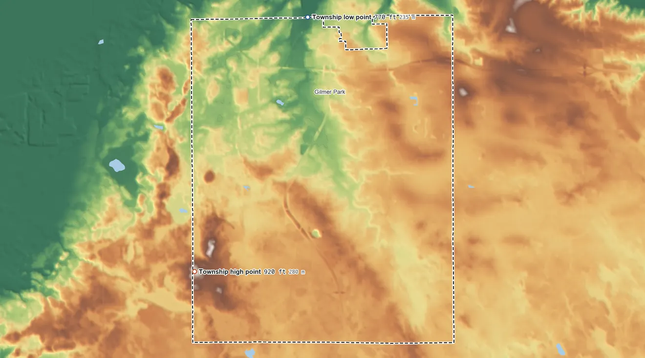 Topographic elevation map of Centre Township, Indiana, shaded from 770 ft on the northwest side to 920 ft on the southwest side