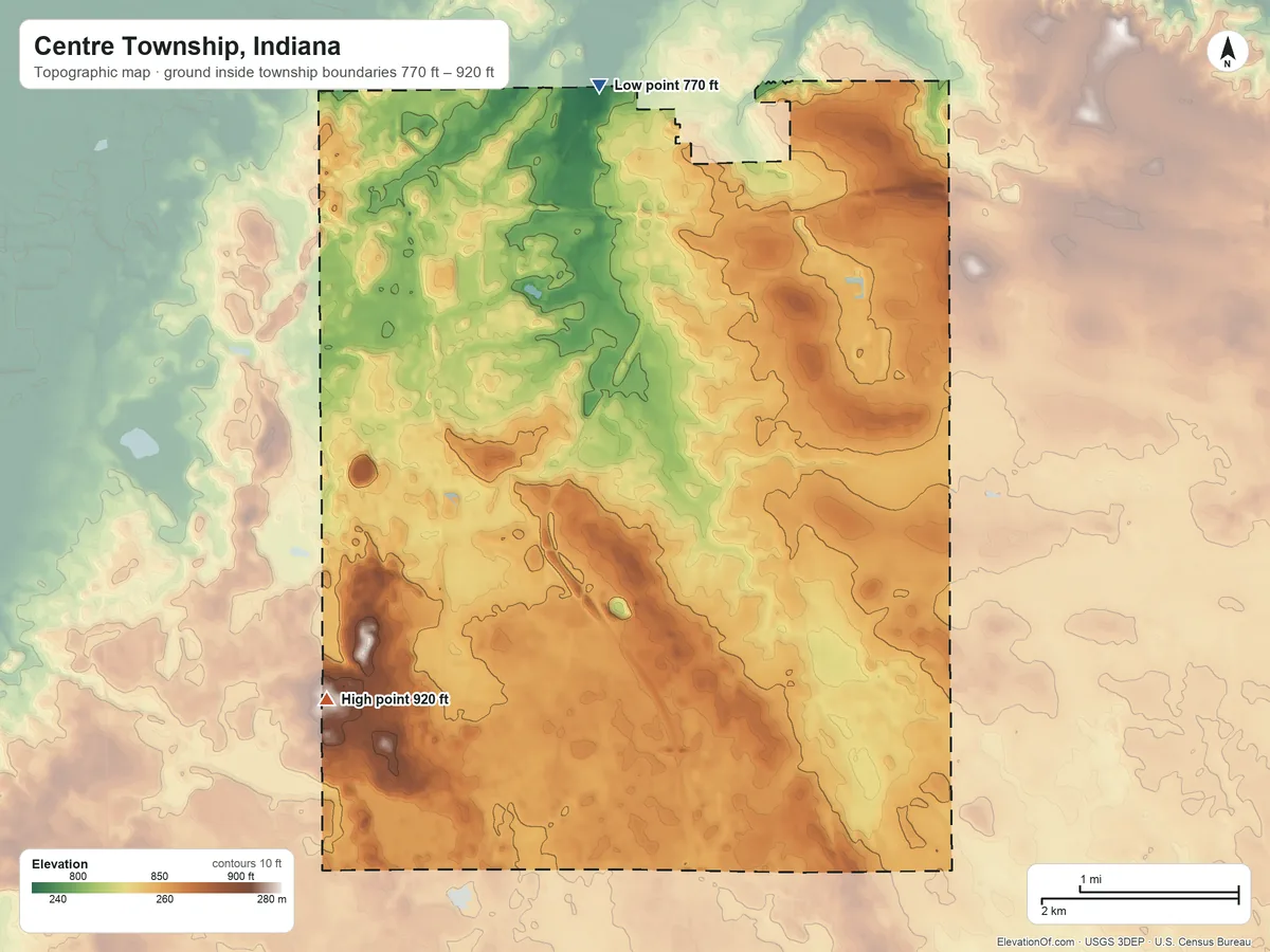 Topographic elevation map of Centre Township, Indiana, shaded from 770 ft on the northwest side to 920 ft on the southwest side