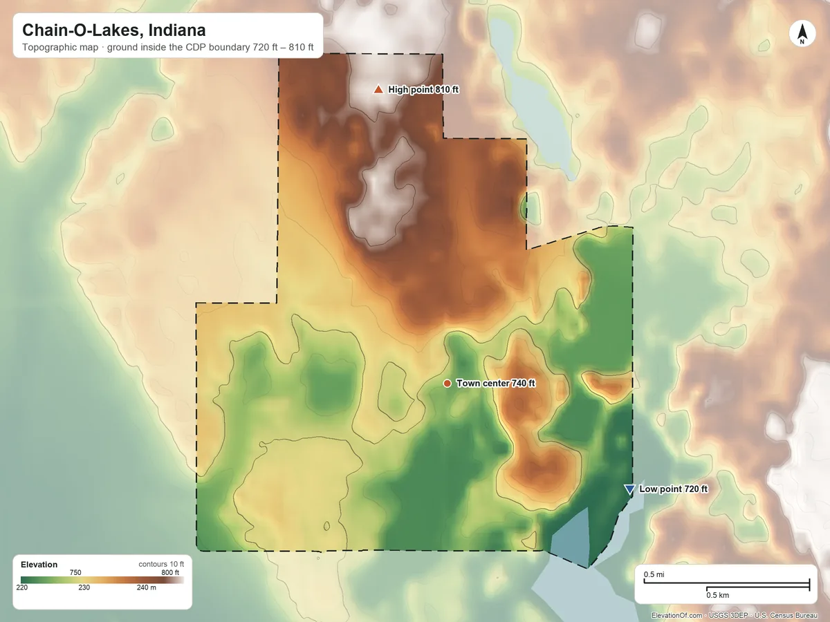 Topographic elevation map of Chain-O-Lakes, Indiana, shaded from 720 ft on the southeast side to 810 ft on the north side