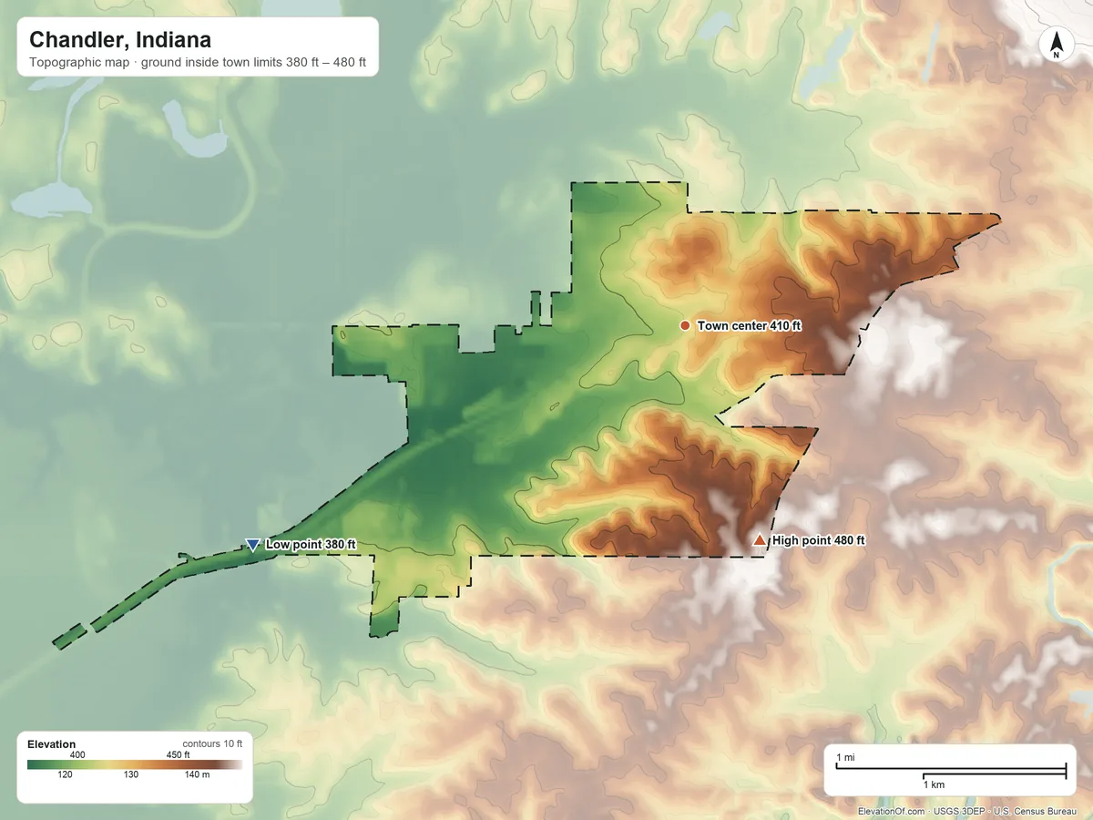Topographic elevation map of Chandler, Indiana, shaded from 380 ft on the southwest side to 480 ft on the south side