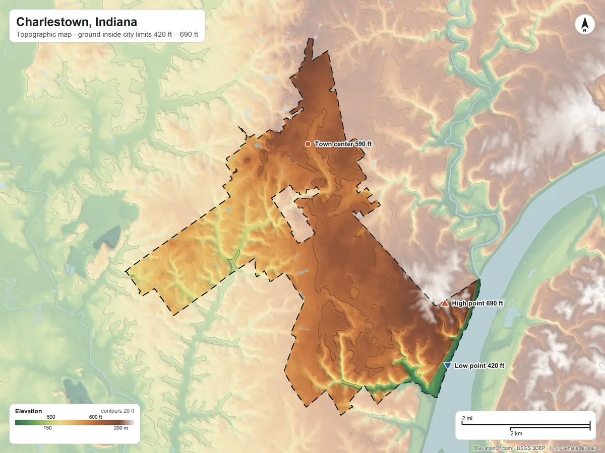 Topographic elevation map of Charlestown, Indiana, shaded from 420 ft on the southeast side to 690 ft on the southeast side