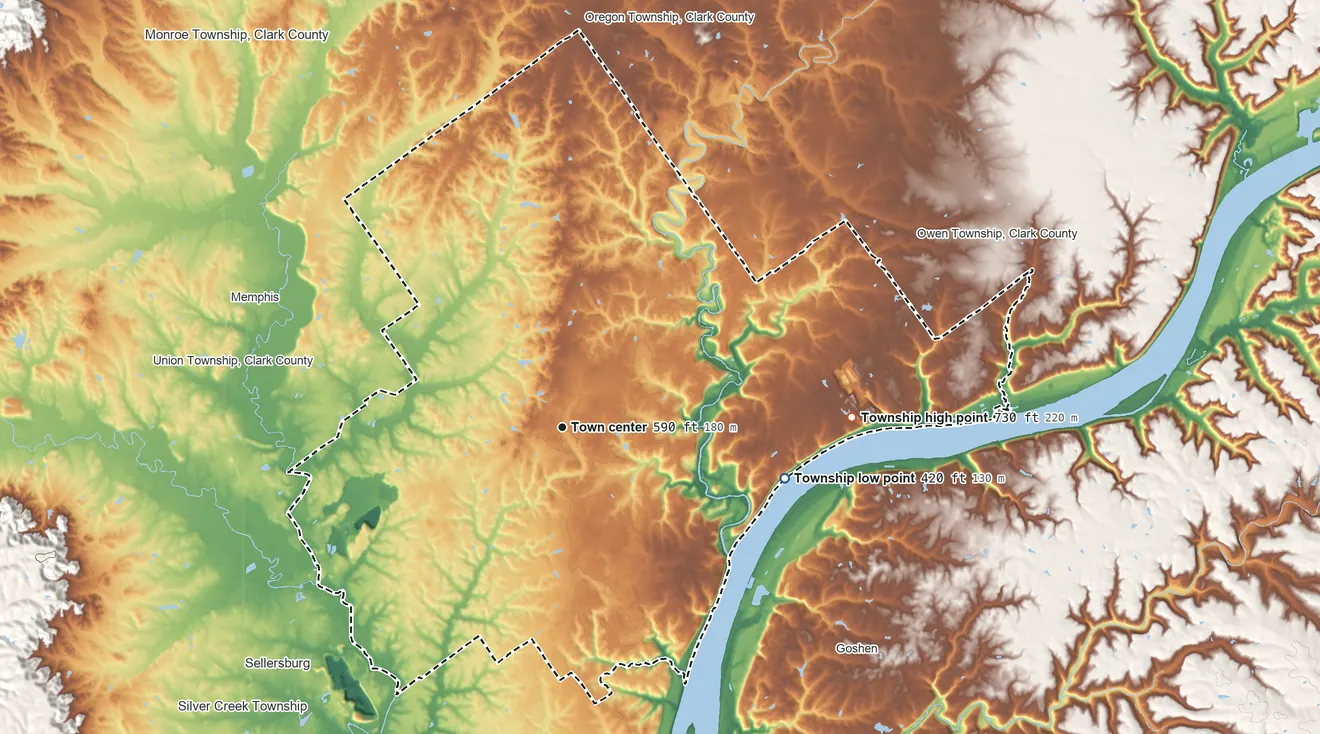 Topographic elevation map of Charlestown Township, Indiana, shaded from 420 ft on the east side to 730 ft on the east side
