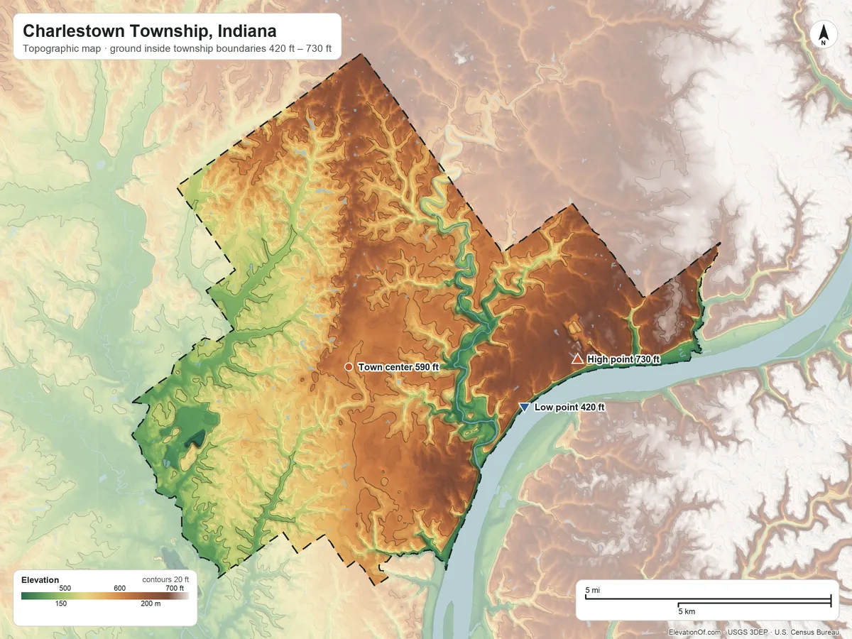 Topographic elevation map of Charlestown Township, Indiana, shaded from 420 ft on the east side to 730 ft on the east side