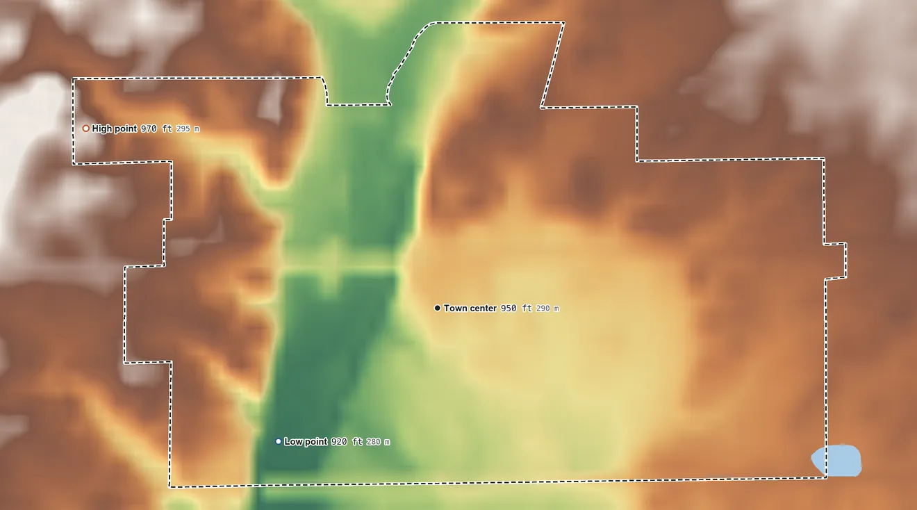Topographic elevation map of Charlottesville, Indiana, shaded from 920 ft on the southwest side to 970 ft on the northwest side