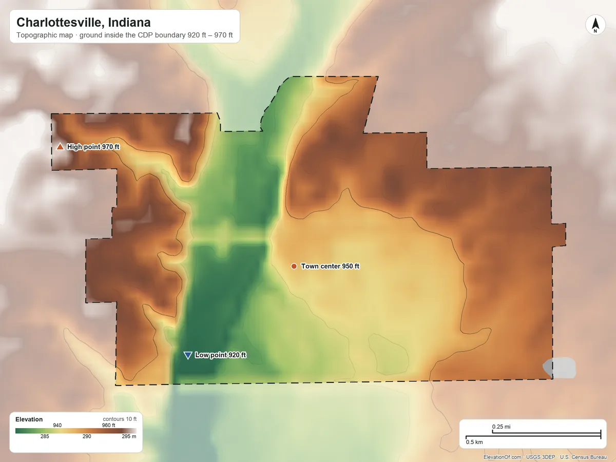 Topographic elevation map of Charlottesville, Indiana, shaded from 920 ft on the southwest side to 970 ft on the northwest side