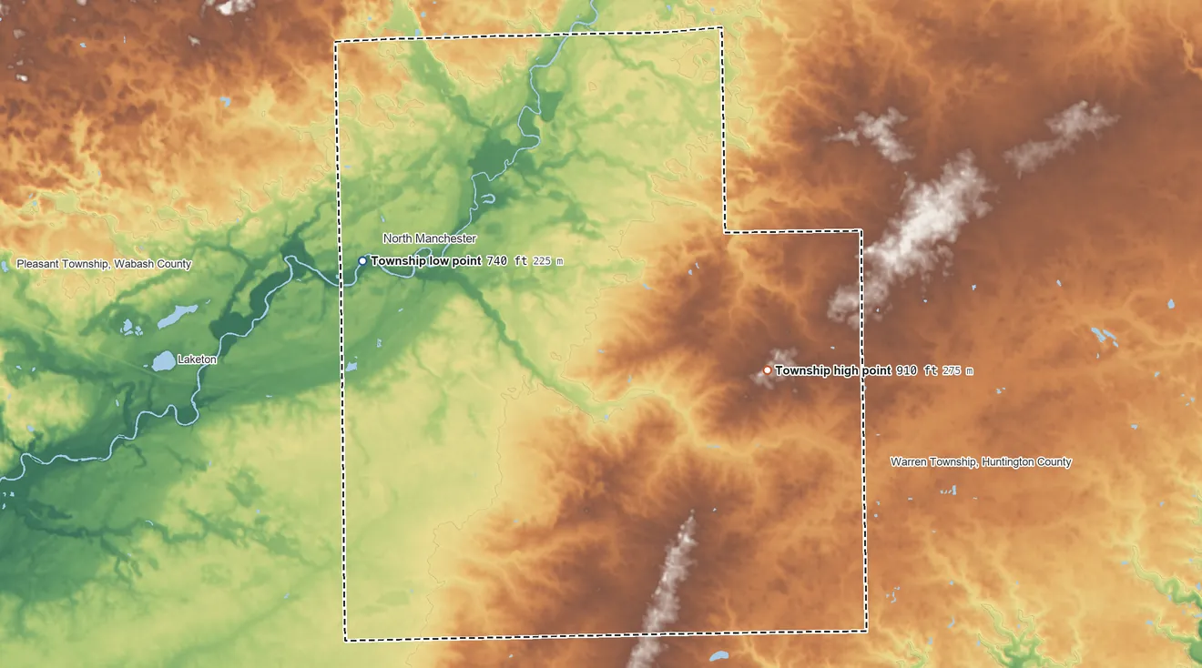 Topographic elevation map of Chester Township, Indiana, shaded from 740 ft on the west side to 910 ft on the southeast side