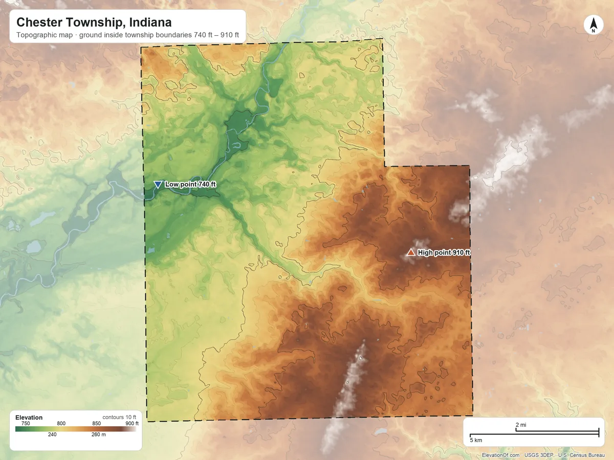 Topographic elevation map of Chester Township, Indiana, shaded from 740 ft on the west side to 910 ft on the southeast side