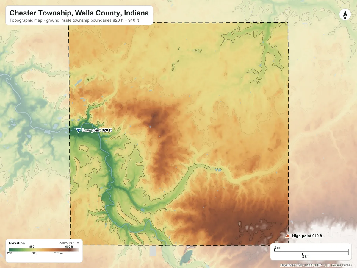 Topographic elevation map of Chester Township, Wells County, Indiana, shaded from 820 ft on the west side to 910 ft on the southeast side