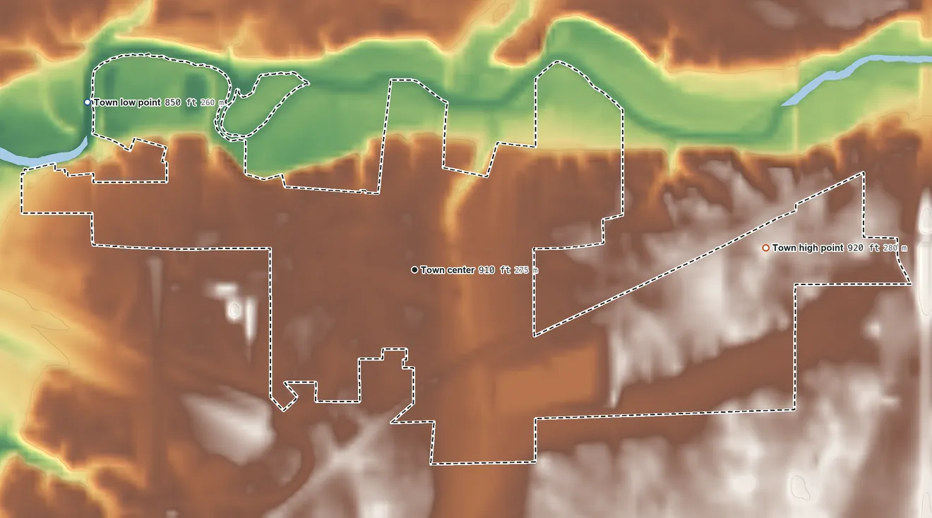 Topographic elevation map of Chesterfield, Indiana, shaded from 850 ft on the northwest side to 920 ft on the east side