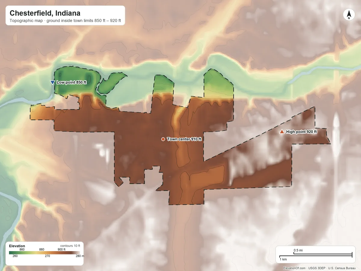 Topographic elevation map of Chesterfield, Indiana, shaded from 850 ft on the northwest side to 920 ft on the east side