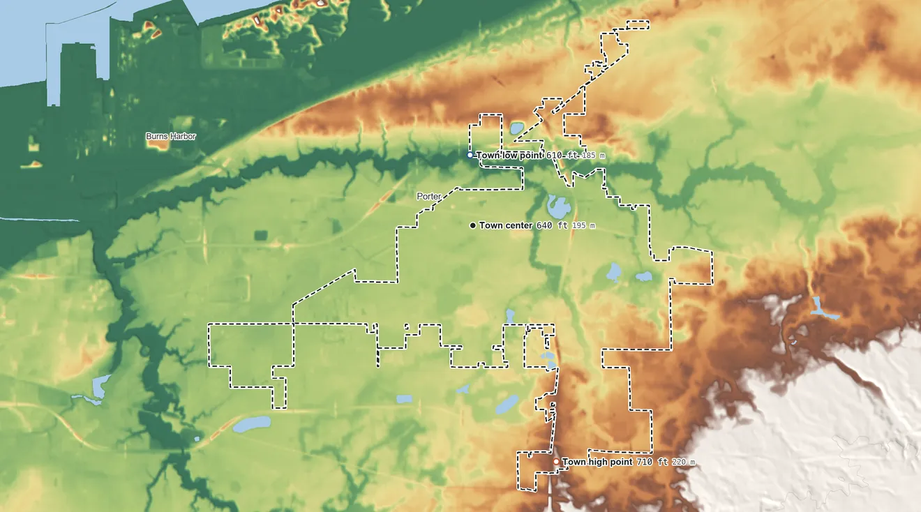 Topographic elevation map of Chesterton, Indiana, shaded from 610 ft on the north side to 710 ft on the south side