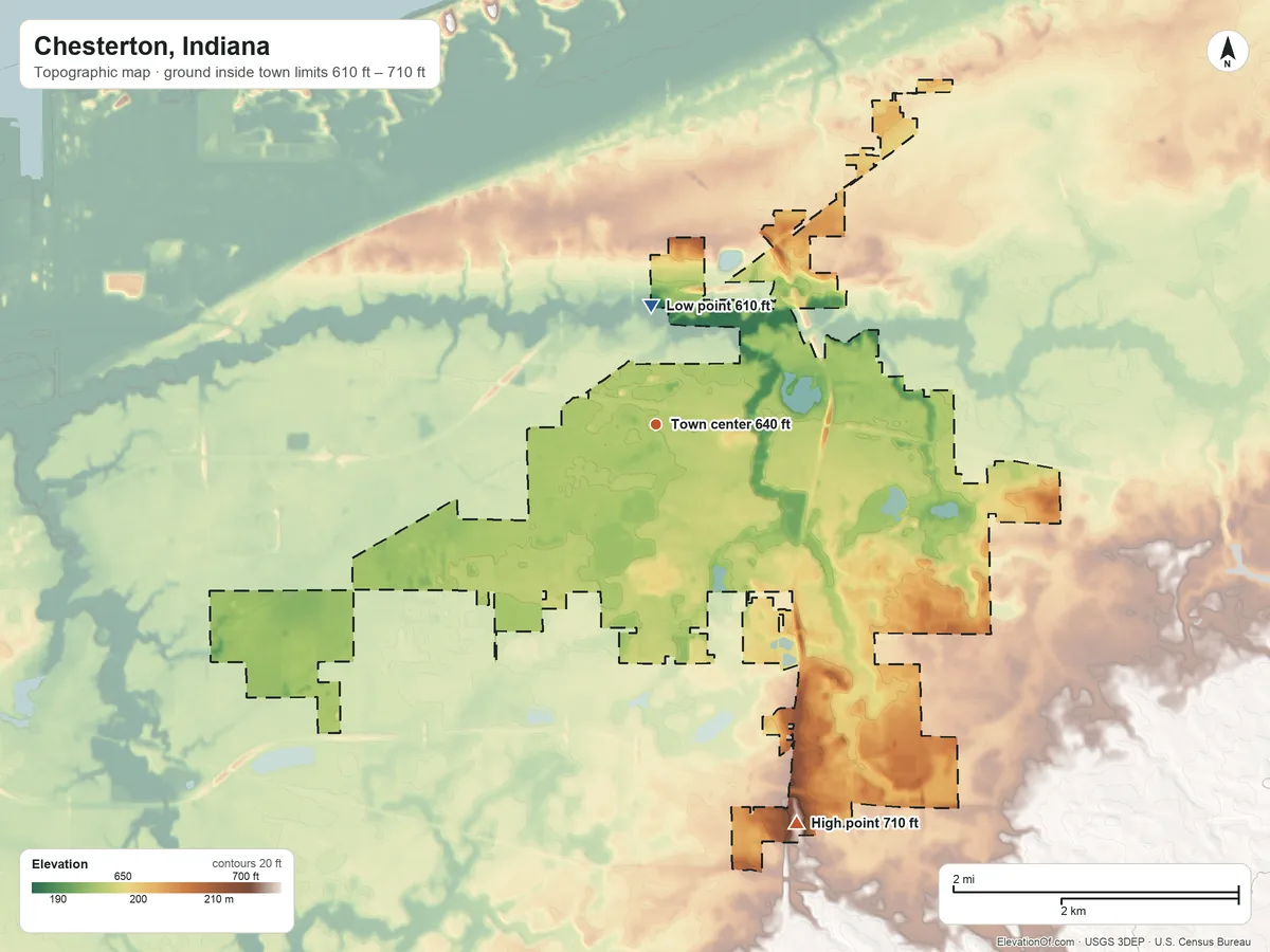 Topographic elevation map of Chesterton, Indiana, shaded from 610 ft on the north side to 710 ft on the south side