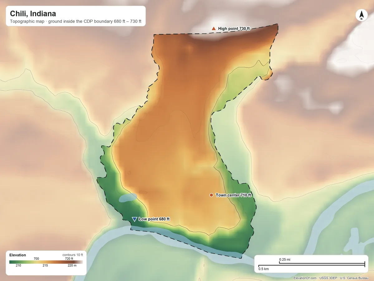 Topographic elevation map of Chili, Indiana, shaded from 680 ft on the west side to 730 ft on the north side