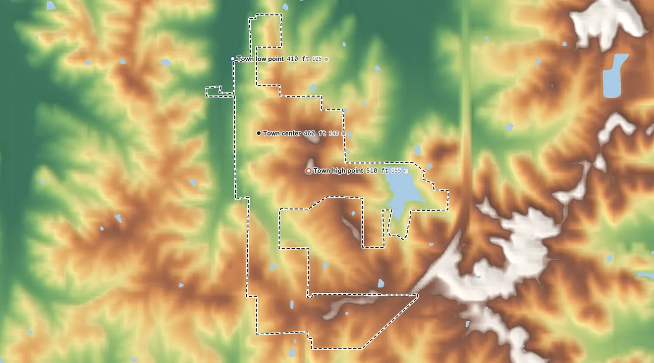 Topographic elevation map of Chrisney, Indiana, shaded from 410 ft on the north side to 510 ft on the southeast side