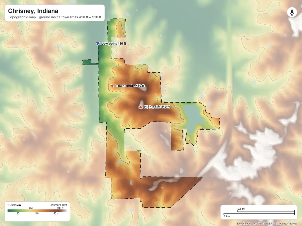 Topographic elevation map of Chrisney, Indiana, shaded from 410 ft on the north side to 510 ft on the southeast side