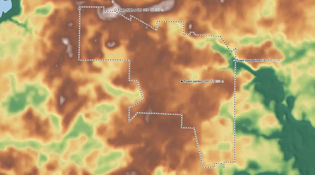 Topographic elevation map of Churubusco, Indiana, shaded from 870 ft on the east side to 910 ft on the northwest side