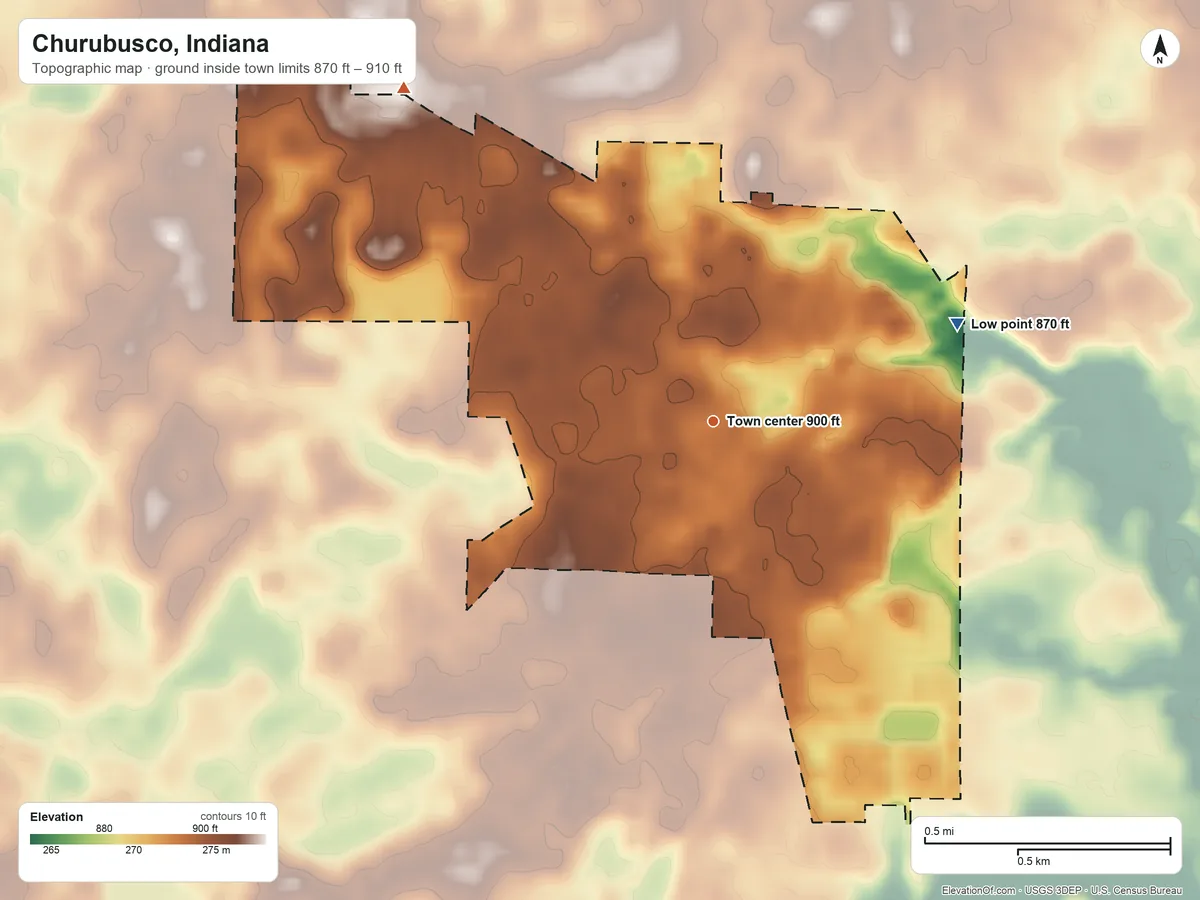 Topographic elevation map of Churubusco, Indiana, shaded from 870 ft on the east side to 910 ft on the northwest side