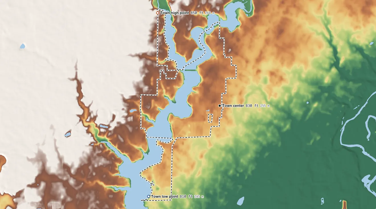 Topographic elevation map of Cicero, Indiana, shaded from 810 ft on the southwest side to 850 ft on the northwest side