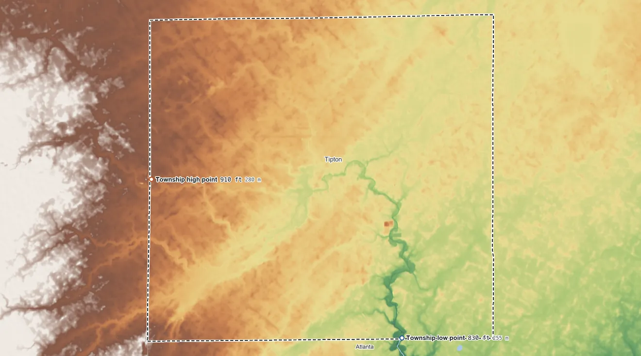 Topographic elevation map of Cicero Township, Indiana, shaded from 830 ft on the southeast side to 910 ft on the west side