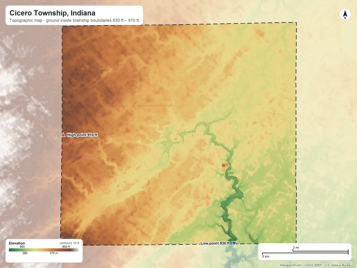 Topographic elevation map of Cicero Township, Indiana, shaded from 830 ft on the southeast side to 910 ft on the west side