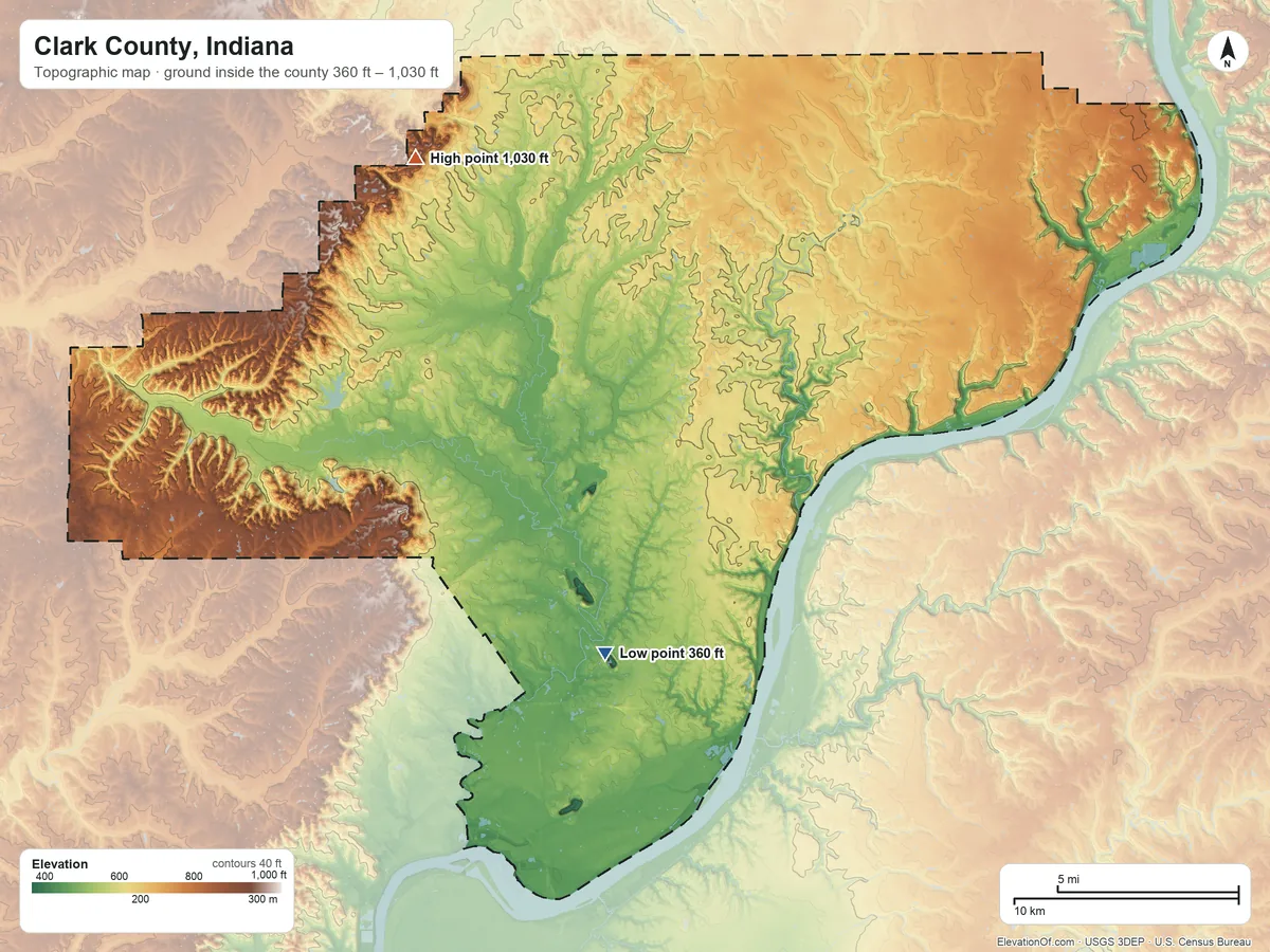 Topographic elevation map of Clark County, Indiana, shaded from 360 ft on the south side to 1,030 ft on Silver Hills