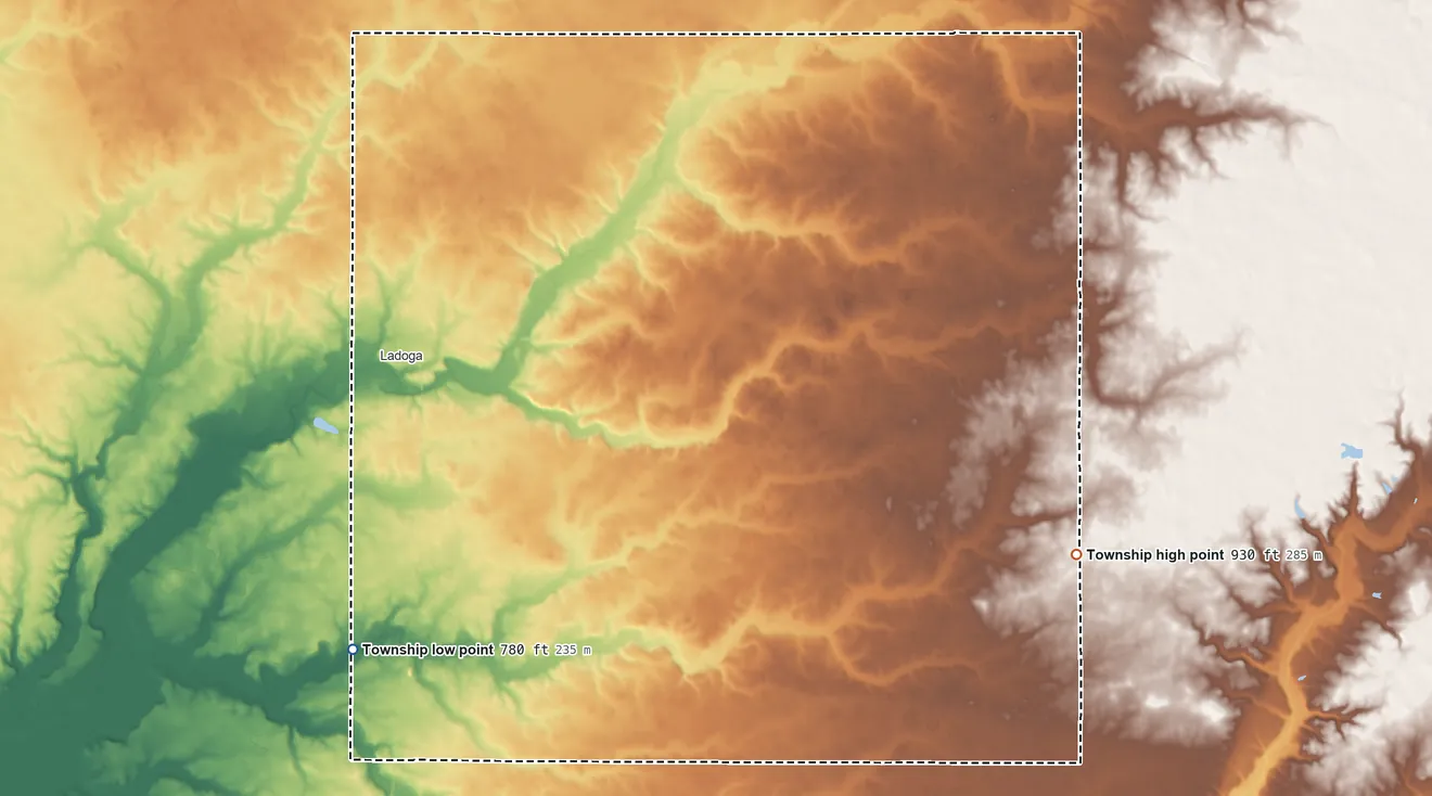 Topographic elevation map of Clark Township, Montgomery County, Indiana, shaded from 780 ft on the southwest side to 930 ft on the east side