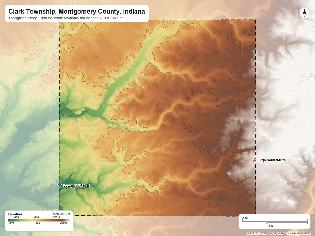Topographic elevation map of Clark Township, Montgomery County, Indiana, shaded from 780 ft on the southwest side to 930 ft on the east side