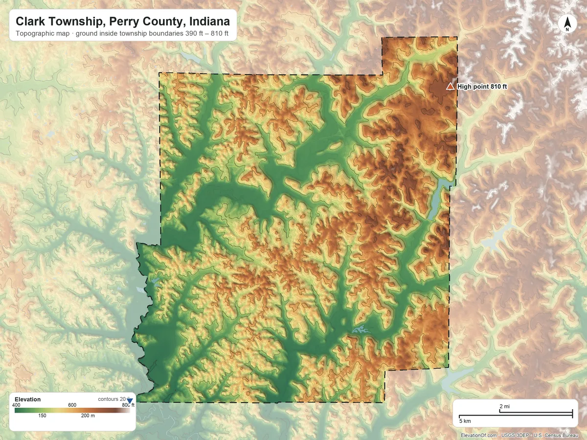 Topographic elevation map of Clark Township, Perry County, Indiana, shaded from 390 ft on the southwest side to 810 ft on the northeast side
