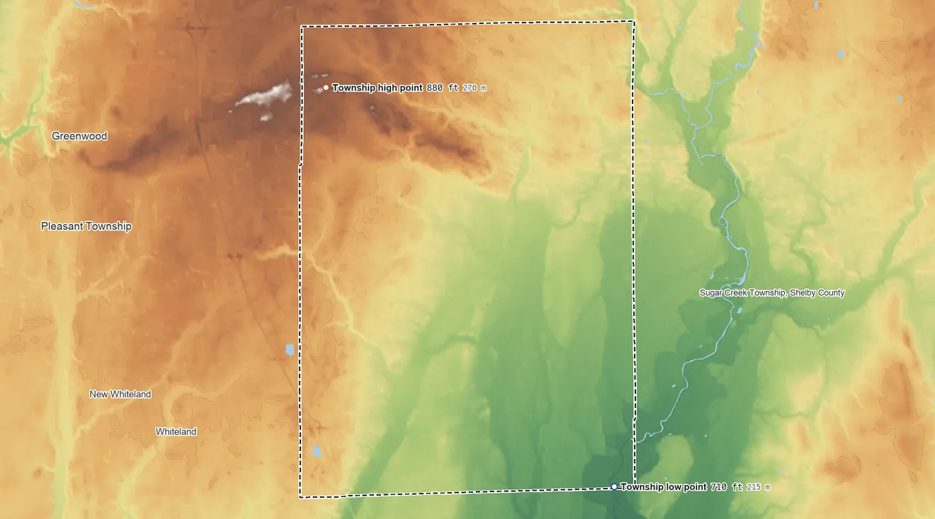 Topographic elevation map of Clark Township, Indiana, shaded from 710 ft on the southeast side to 880 ft on the northwest side