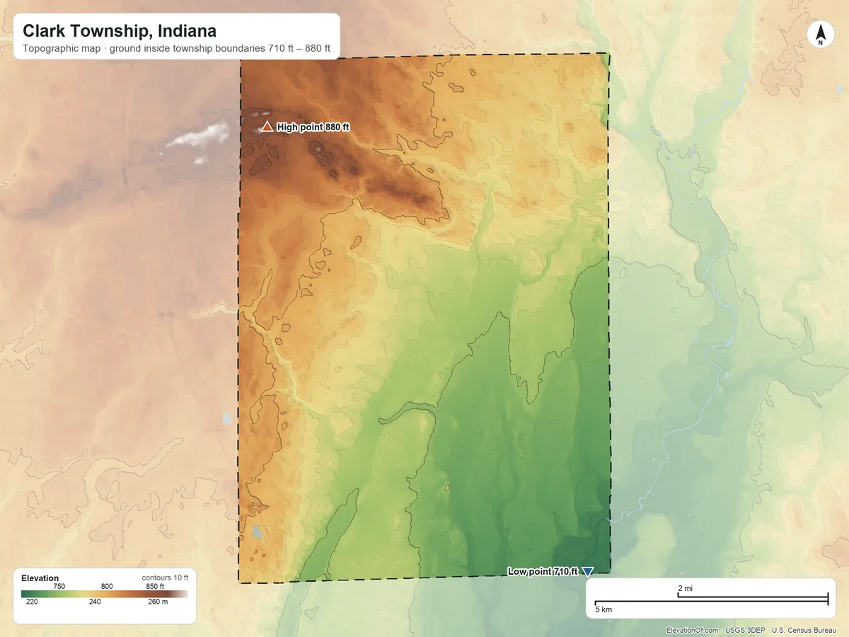 Topographic elevation map of Clark Township, Indiana, shaded from 710 ft on the southeast side to 880 ft on the northwest side